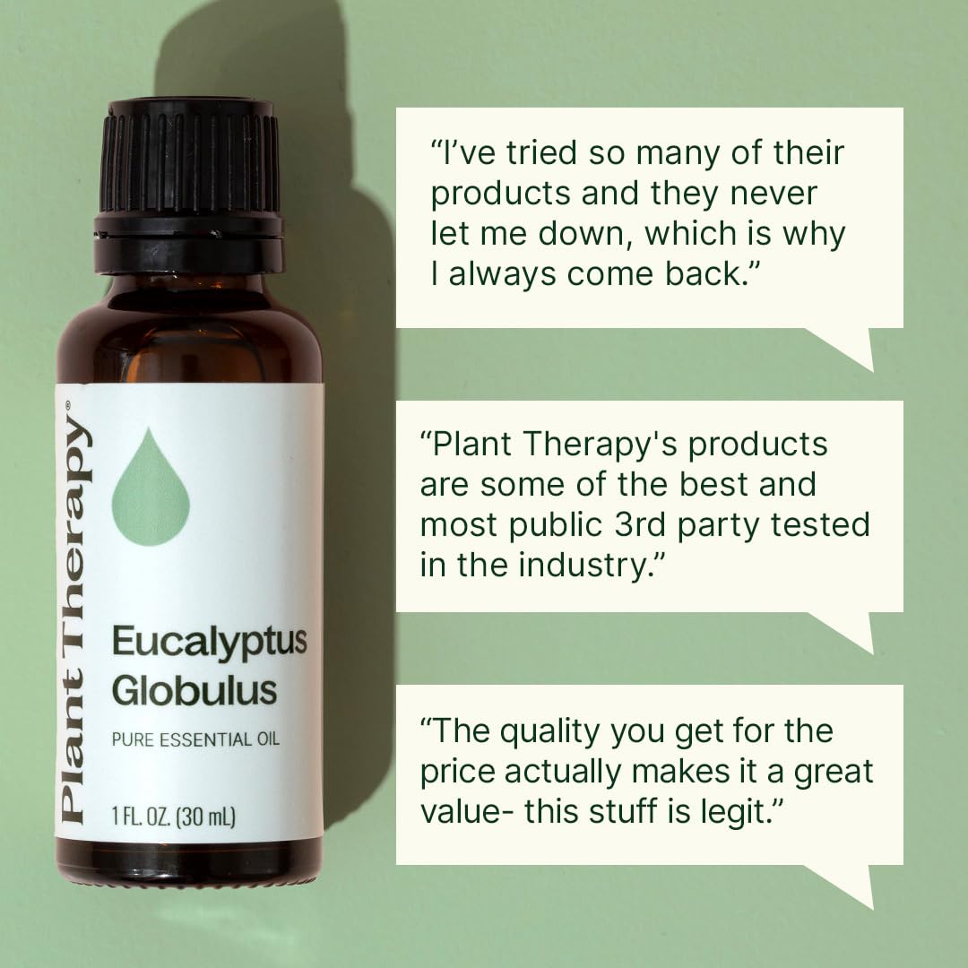 Plant Therapy etiqueta legible con nombre Eucalyptus Globulus y beneficios aromáticos