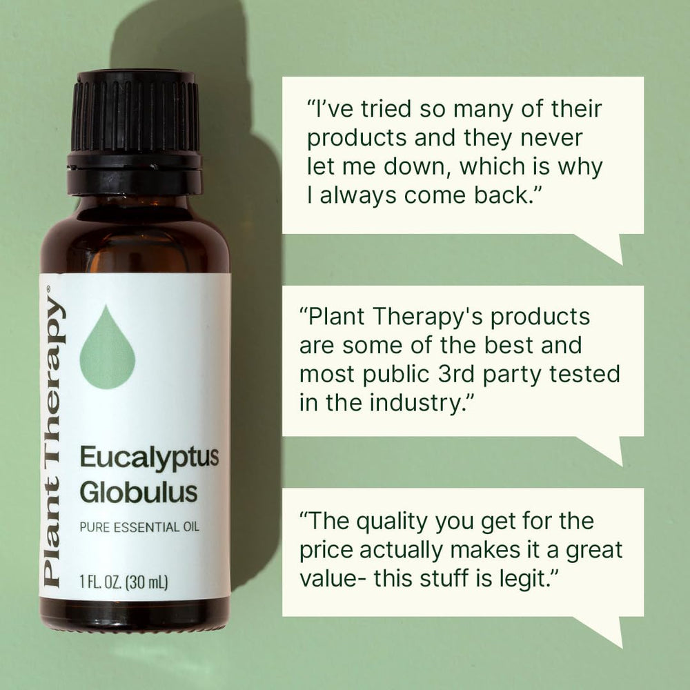 Plant Therapy etiqueta legible con nombre Eucalyptus Globulus y beneficios aromáticos