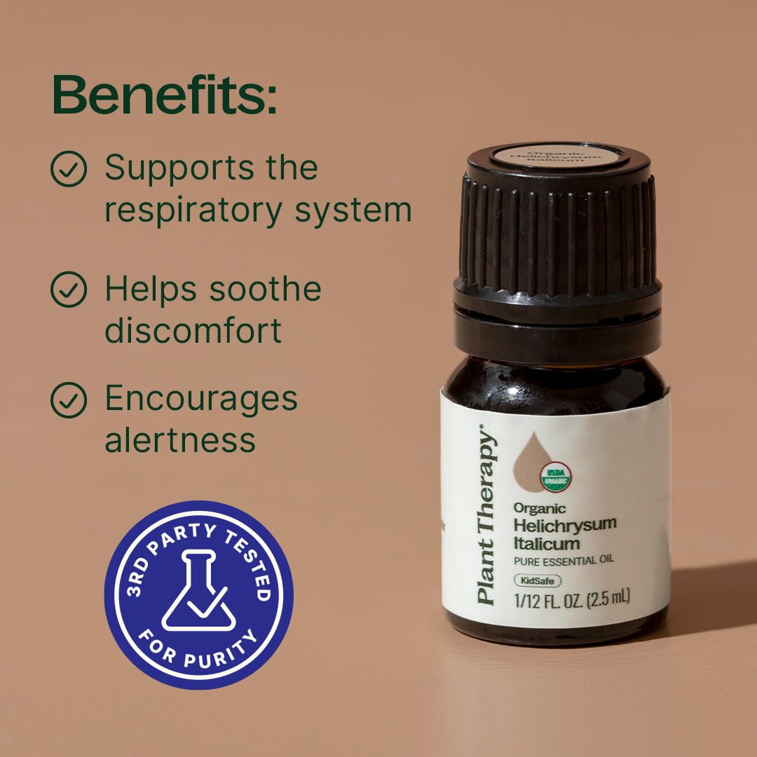 Plant Therapy etiqueta detallada del producto Helichrysum, garantía de pureza