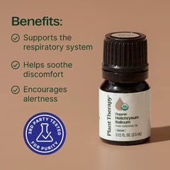 Plant Therapy etiqueta detallada del producto Helichrysum, garantía de pureza