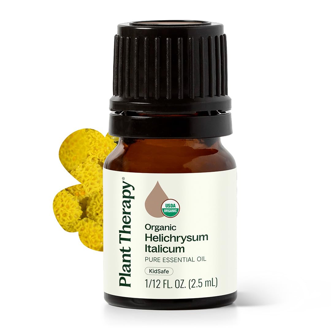 Plant Therapy frasco frente mostrando aceite Helichrysum, conveniencia portable