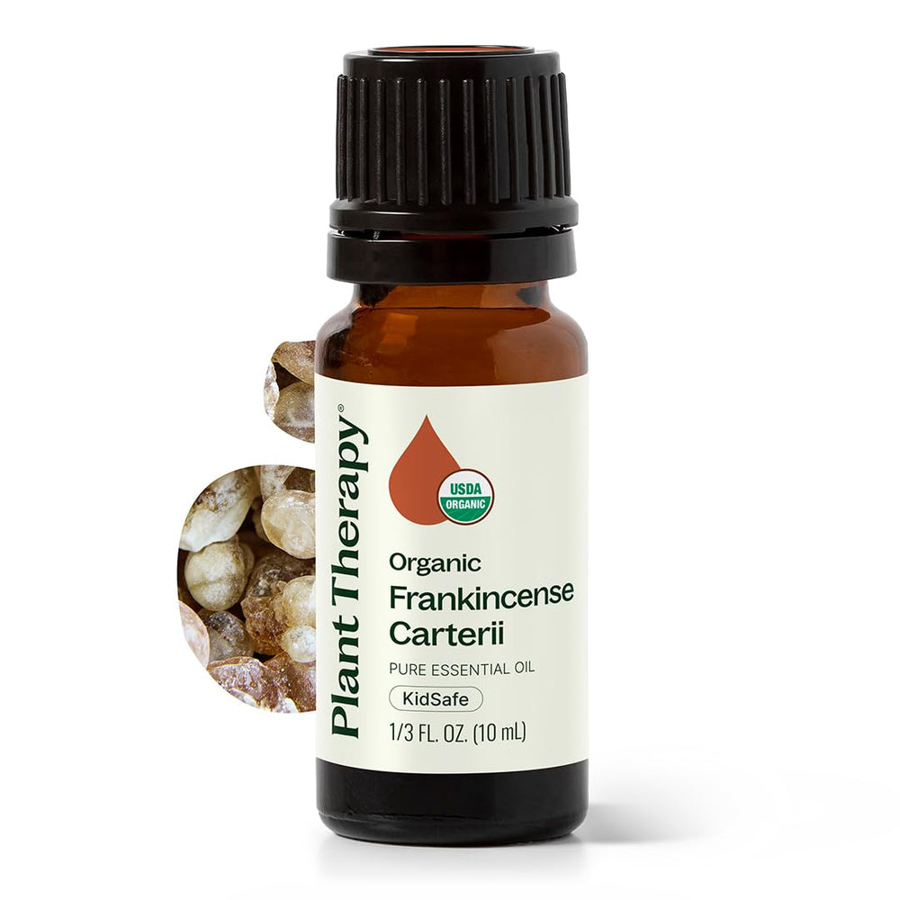 Plant Therapy frasco frontal del aceite de incienso Carteri mostrando etiqueta y tamaño