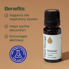 Plant Therapy etiqueta clara del Patchouli con información y lote