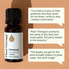 Gota de aceite Patchouli Plant Therapy mostrando textura y color ámbar