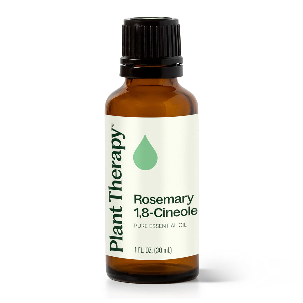 Plant Therapy frasco frontal de aceite de romero con etiqueta clara y beneficios
