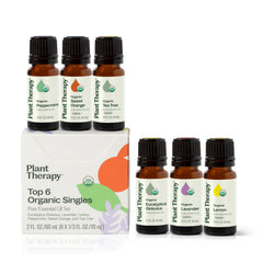 Plant Therapy set Top 6 vista frontal con seis frascos y beneficios orgánicos