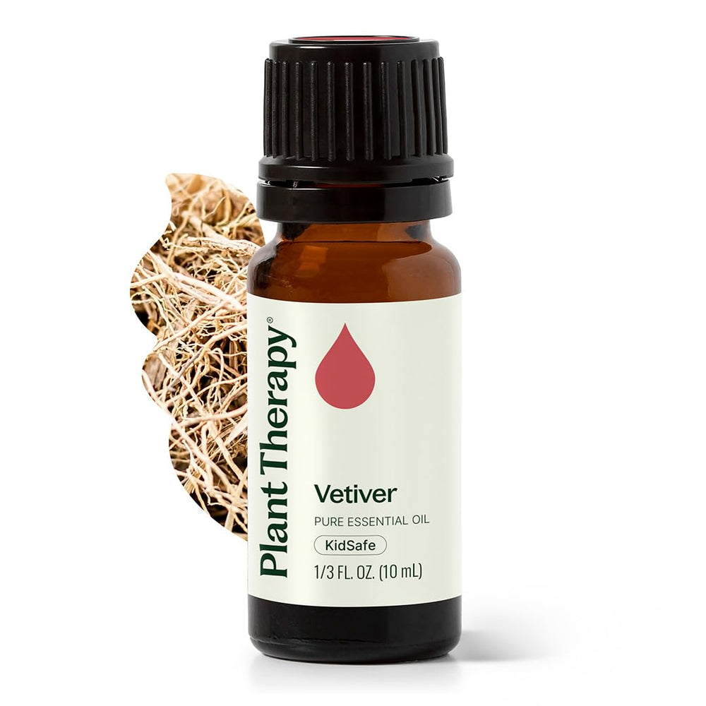 Plant Therapy frasco frontal de vetiver, muestra pureza y presentación profesional