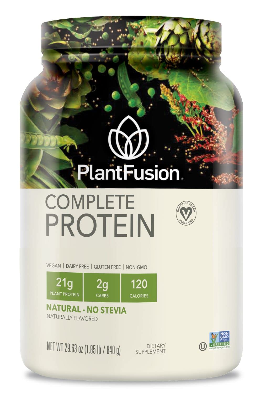 PlantFusion bote frontal mostrando la marca y el beneficio de 21 g proteína