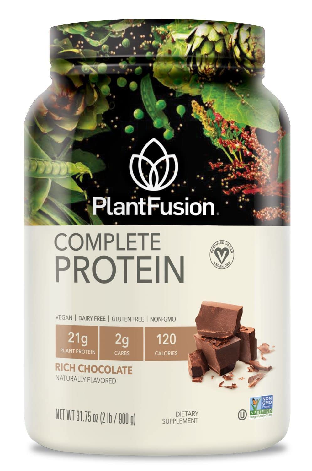 PlantFusion envase fronta l chocolate 2 lb mostrando información clave y beneficio proteico