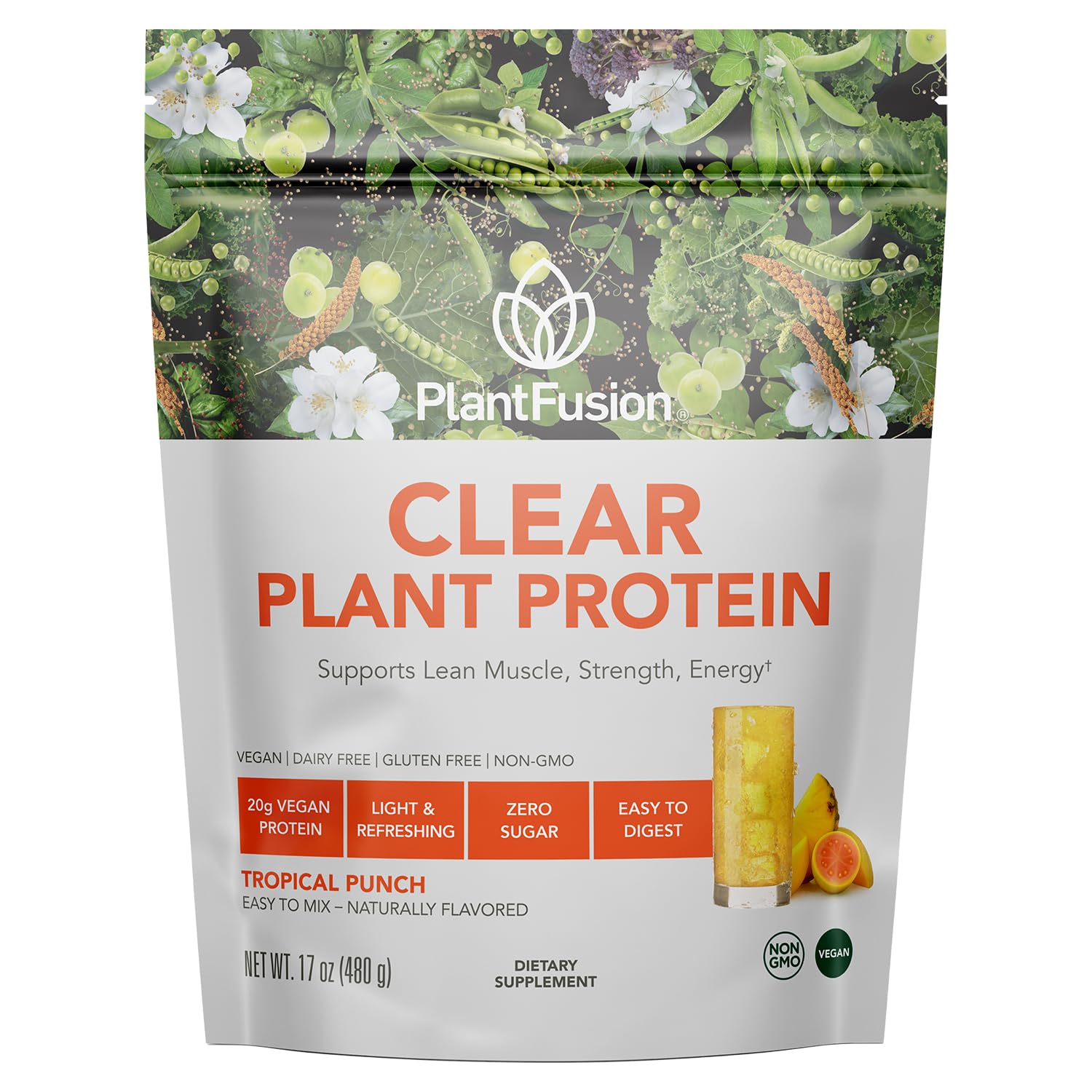 PlantFusion envase frontal Clear Protein mostrando el diseño y beneficio de proteína vegana