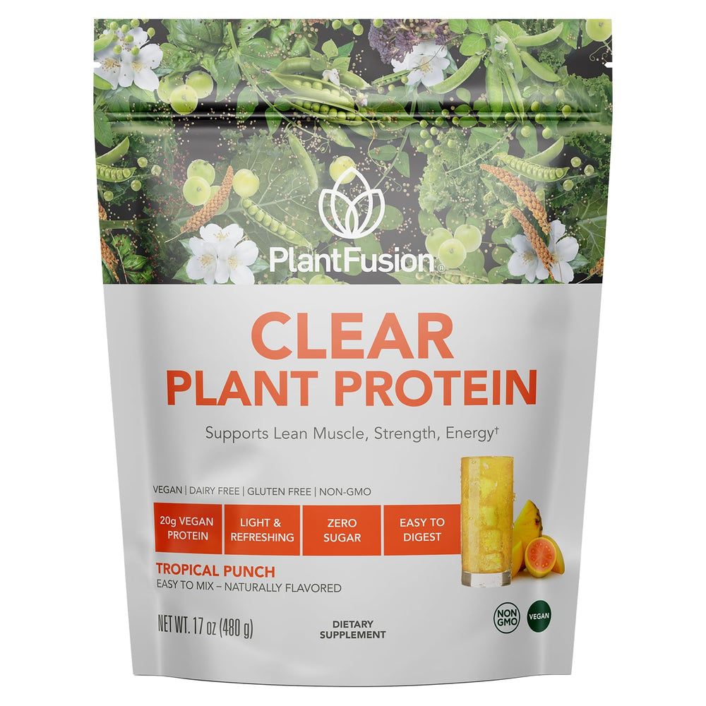 PlantFusion envase frontal Clear Protein mostrando el diseño y beneficio de proteína vegana