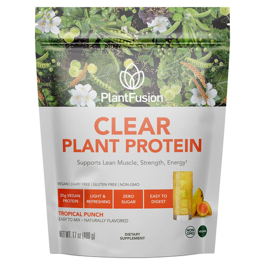 PlantFusion envase frontal Clear Protein mostrando el diseño y beneficio de proteína vegana