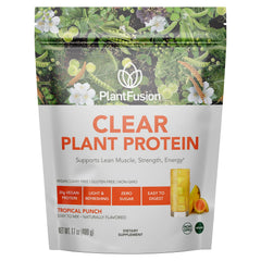 PlantFusion envase frontal Clear Protein mostrando el diseño y beneficio de proteína vegana