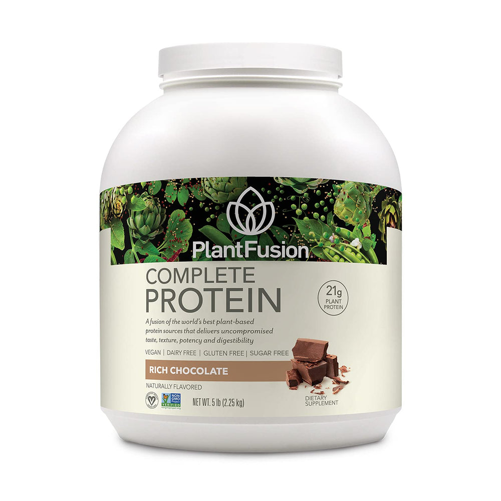 PlantFusion envase frontal Rich Chocolate mostrando la etiqueta y beneficio proteico