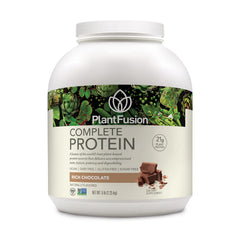 PlantFusion envase frontal Rich Chocolate mostrando la etiqueta y beneficio proteico