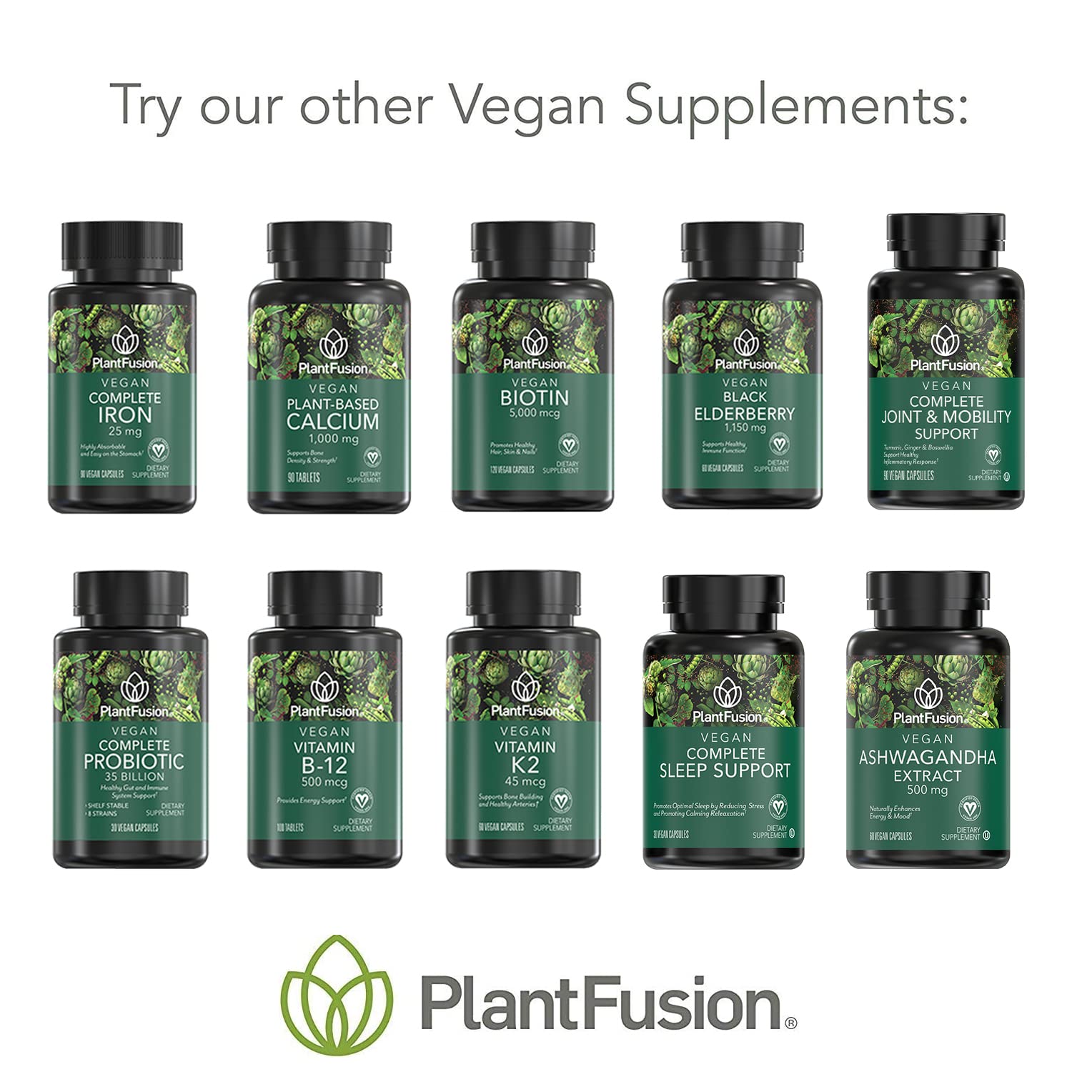 PlantFusion frasco abierto con 60 tabletas mostrando cantidad del envase