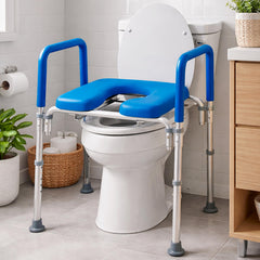 Platinum Health asiento elevado frontal mostrando acolchado y color azul, mayor confort