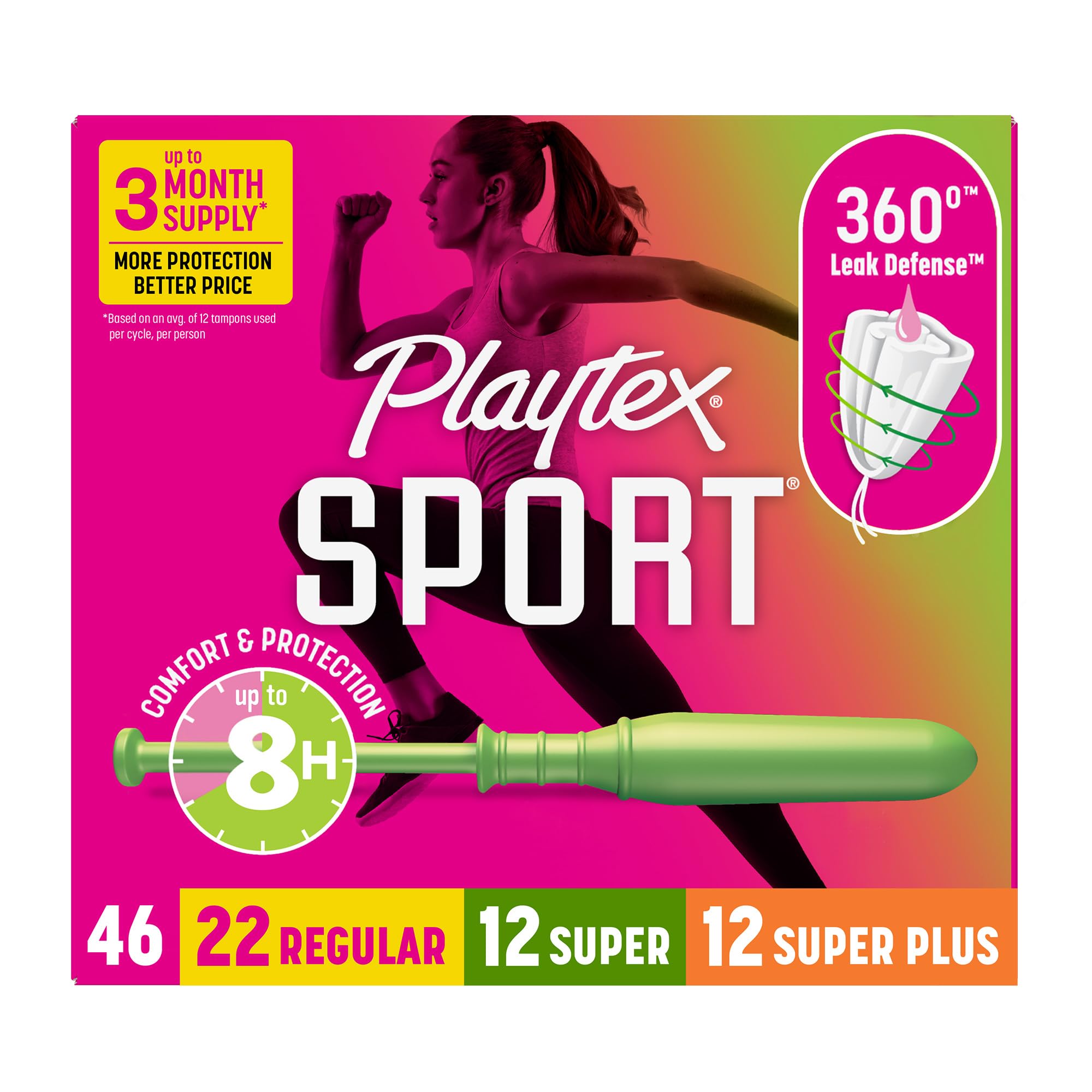 Playtex paquete frontal muestra 46 tampones y variedad absorbencias para confianza deportiva