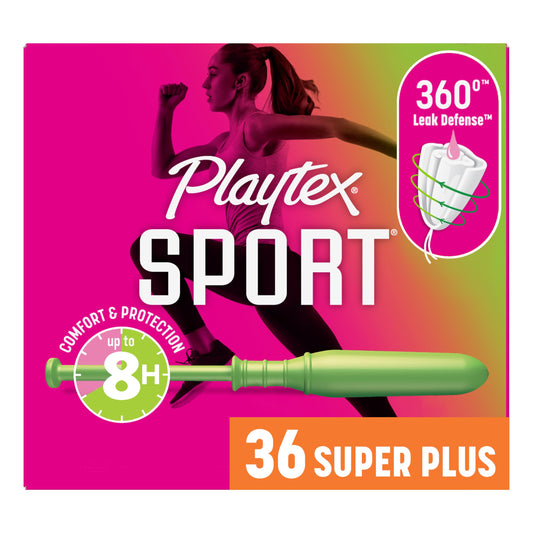 Playtex Sport vista frontal del envase con 36 tampons y beneficio protección