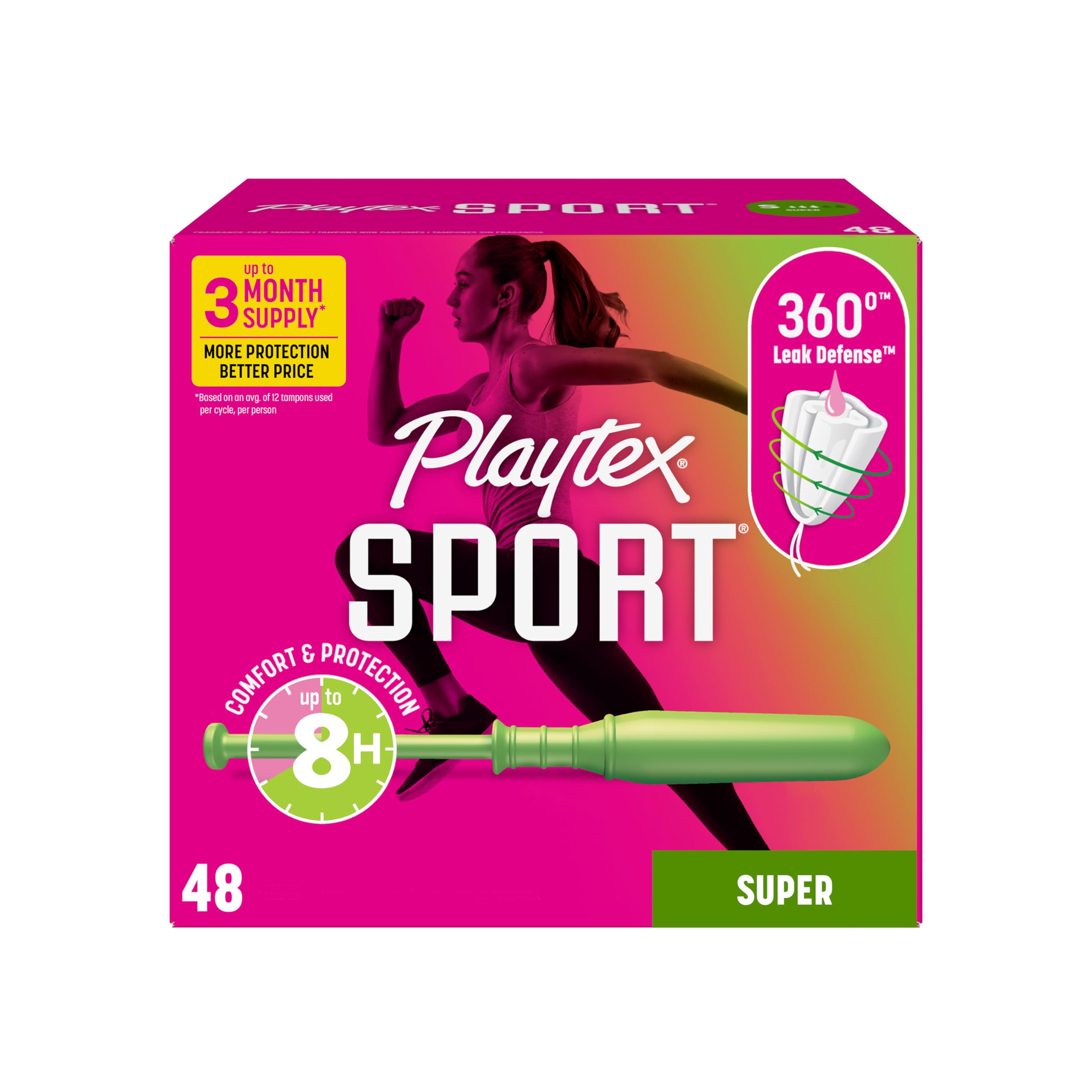Playtex empaque frontal Super 48 ct mostrando protección 360° y sin fragancia