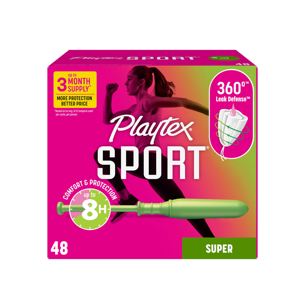 Playtex empaque frontal Super 48 ct mostrando protección 360° y sin fragancia