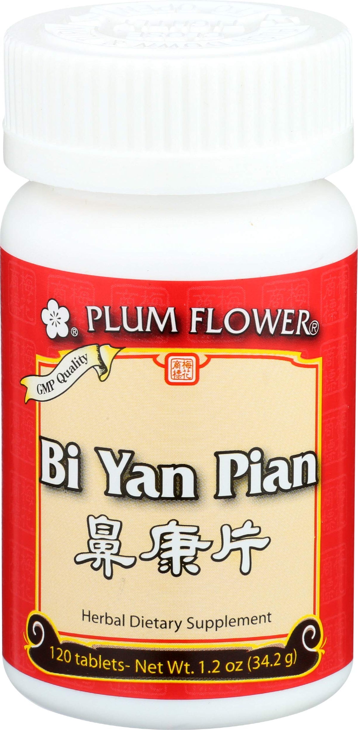 Plum Flower envase frontal mostrando 120 tabletas y beneficios de conveniencia