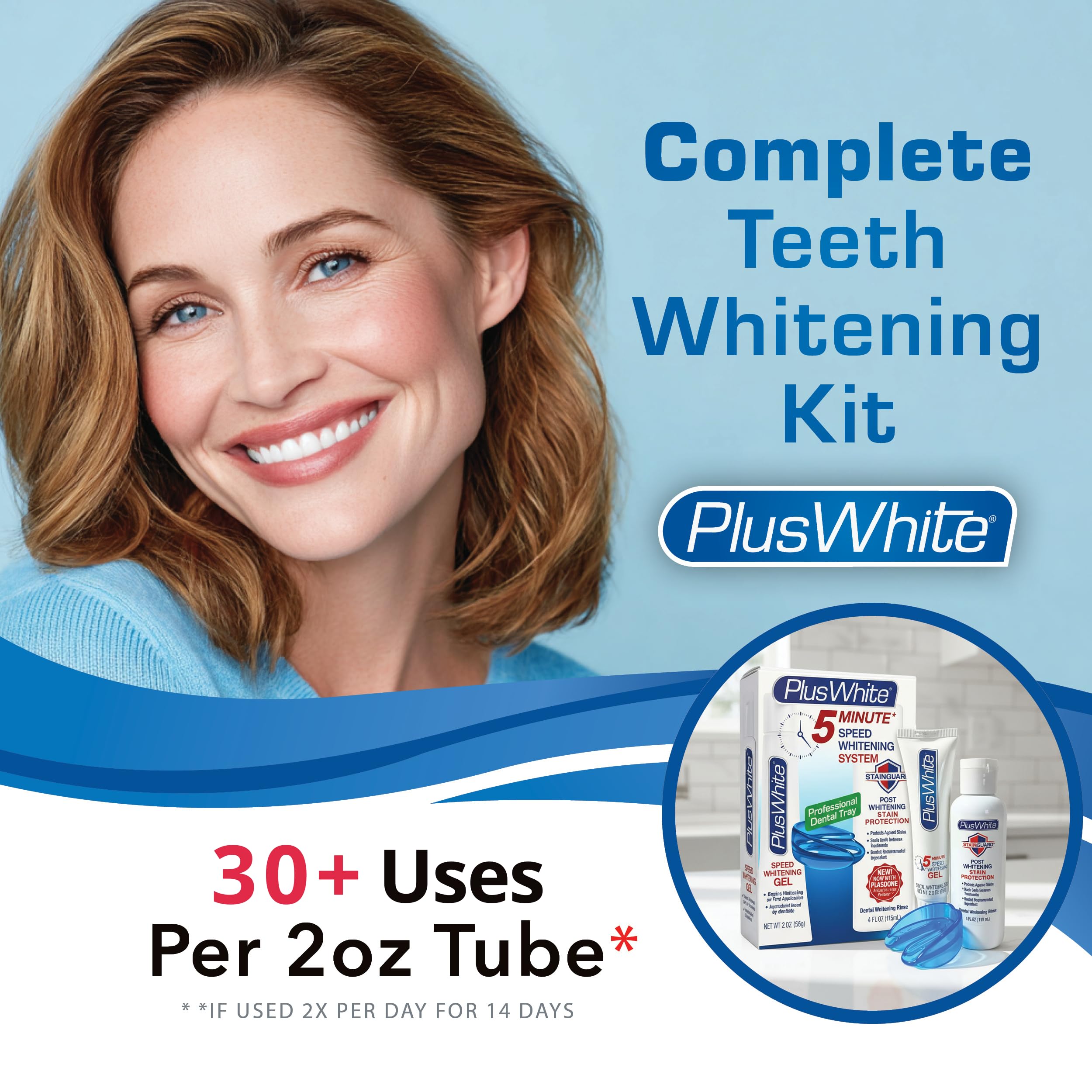 Plus White bandeja ComfortFit en uso cubriendo dientes para blanqueado uniforme