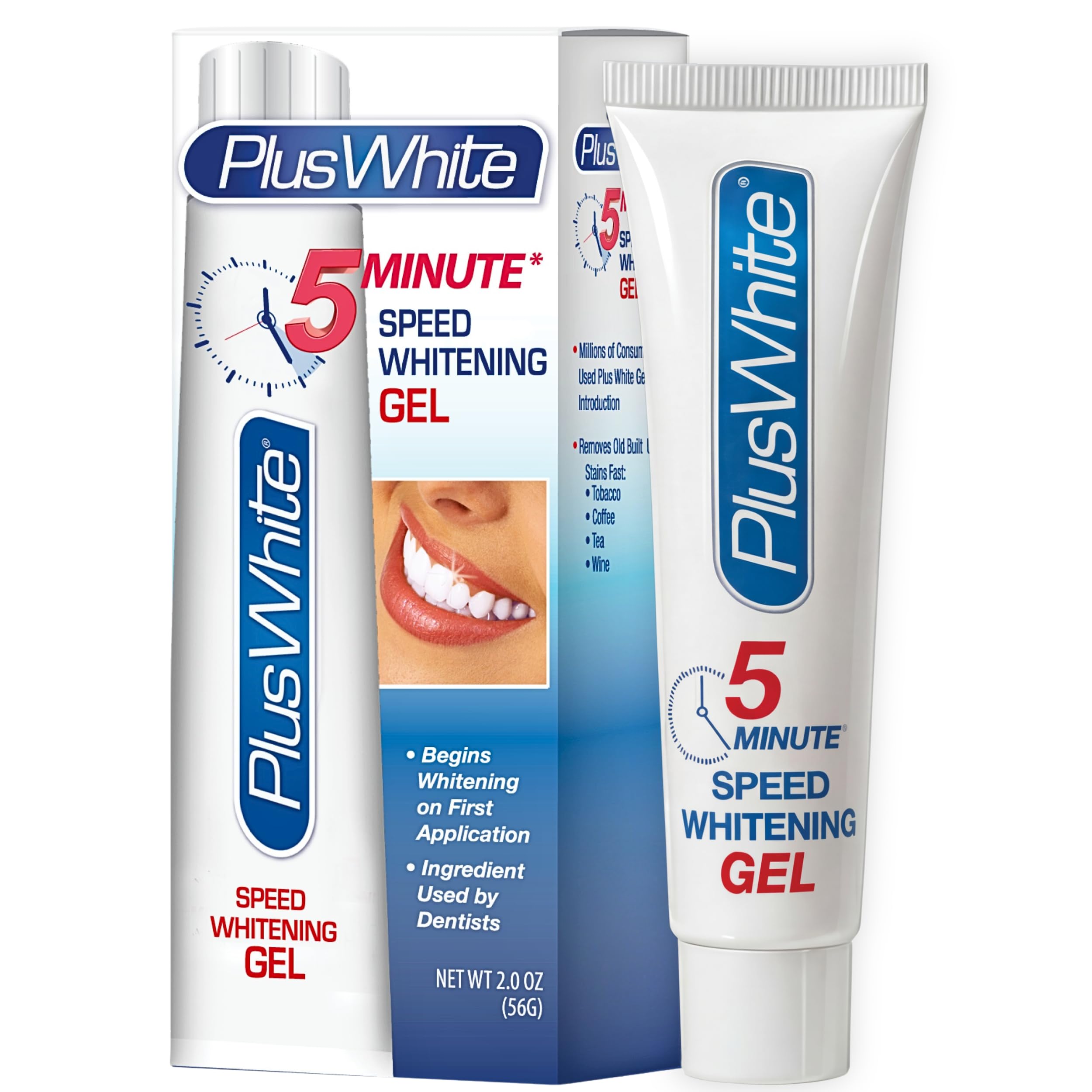 Plus White gel envase frontal mostrando tamaño 2 oz y aplicación precisa