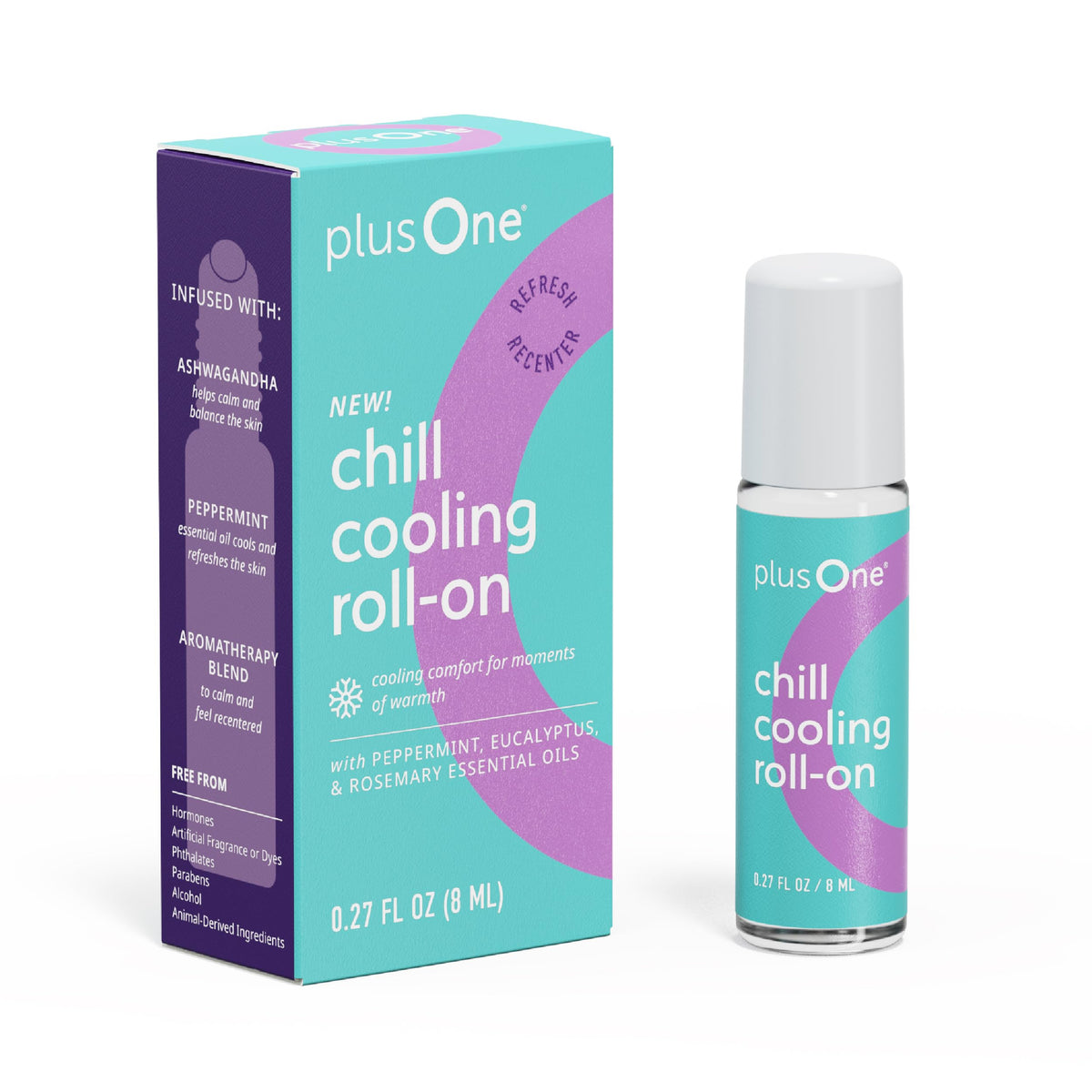 plusOne roll-on frontal mostrando el envase y beneficio portable