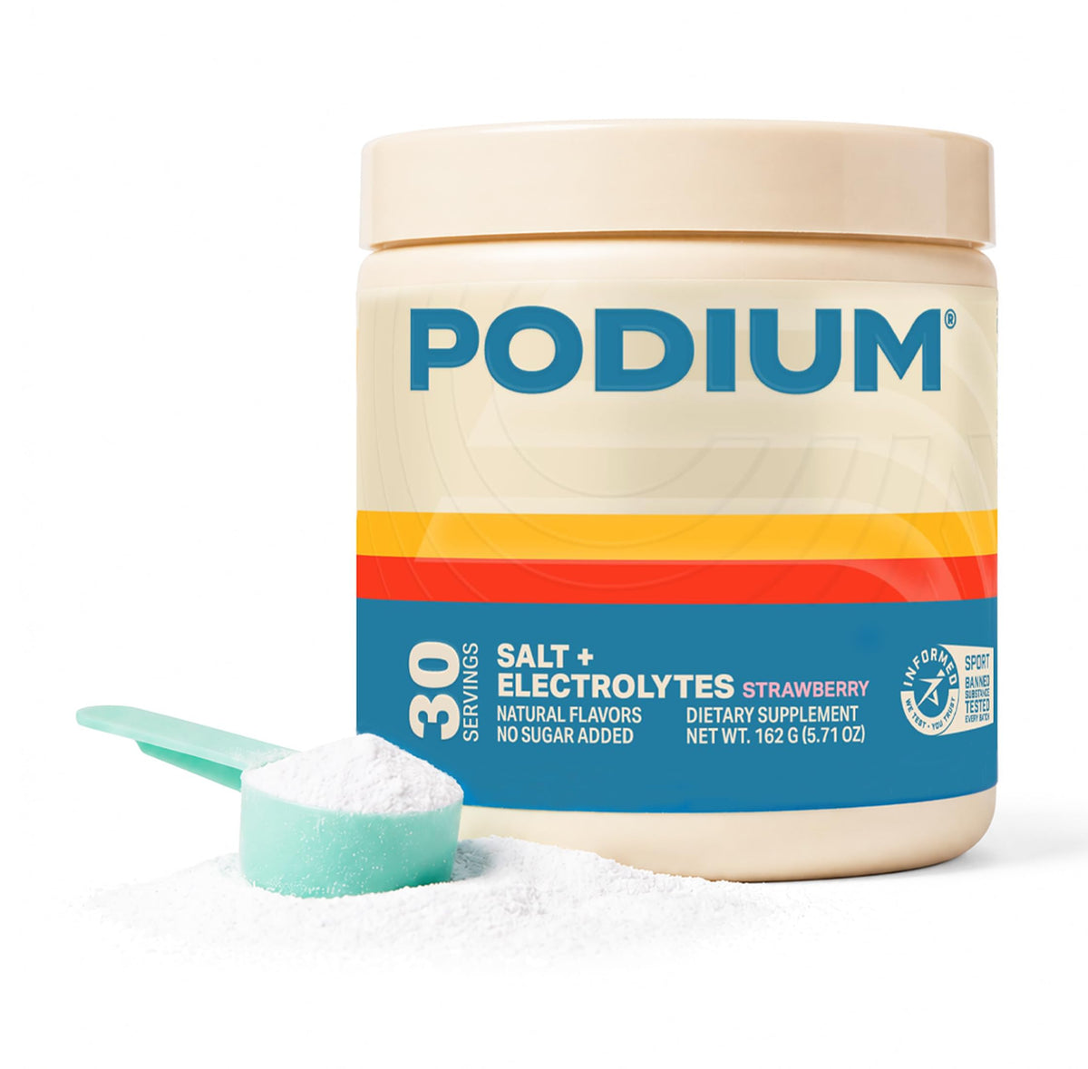 Podium Nutrition paquete frontal mostrando sabor fresa y beneficios de hidratación