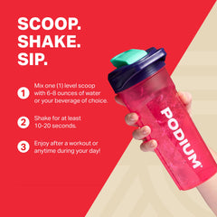 Podium Nutrition botella en gimnasio junto a toalla mostrando uso práctico