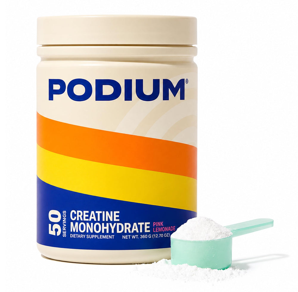 Podium Nutrition frente del envase mostrando diseño y sabor Pink Lemonade y conveniencia