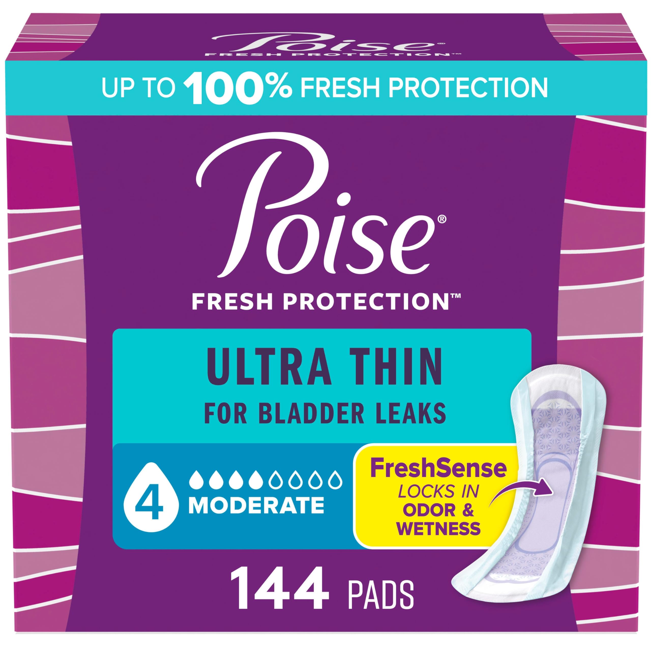 Poise empaque frontal de 144 compresas ultrafinas mostrando cantidad y tamaño