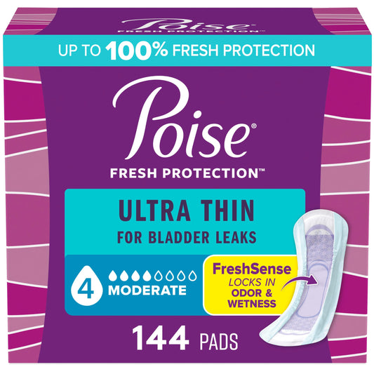 Poise empaque frontal de 144 compresas ultrafinas mostrando cantidad y tamaño