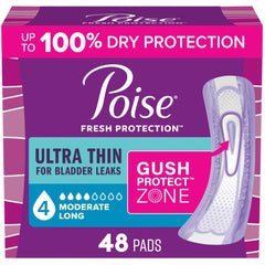 Poise empaque frontal mostrando 48 toallas y beneficio de protección discreta