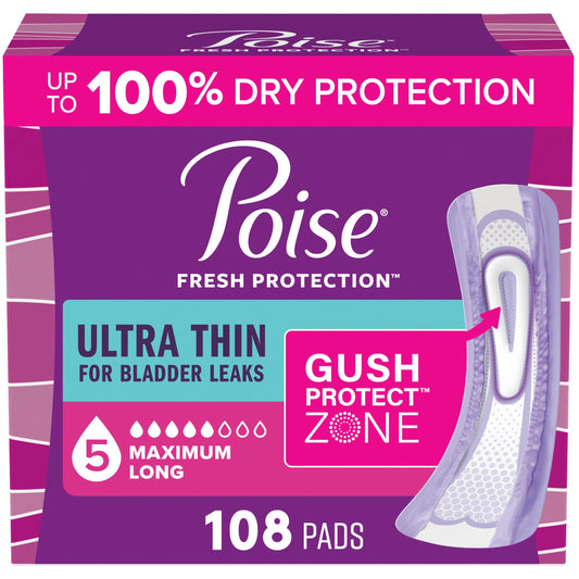 Poise empaque frontal mostrando 108 protectores y beneficio de suministro prolongado