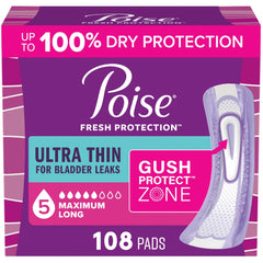 Poise empaque frontal mostrando 108 protectores y beneficio de suministro prolongado