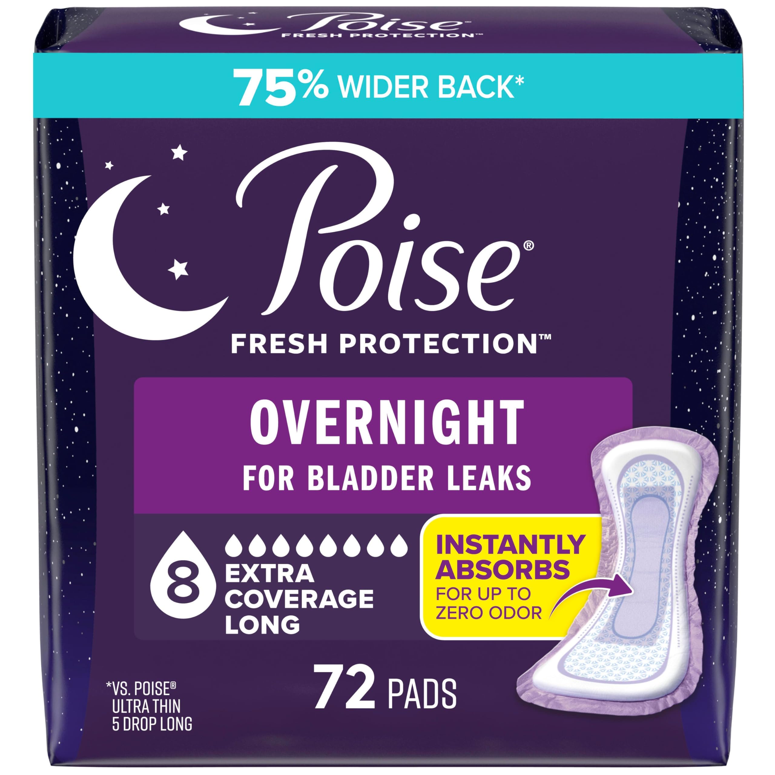 Poise empaque frontal 72 unidades mostrando cobertura nocturna