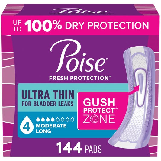 Poise empaque frontal mostrando 144 toallas y beneficios visibles
