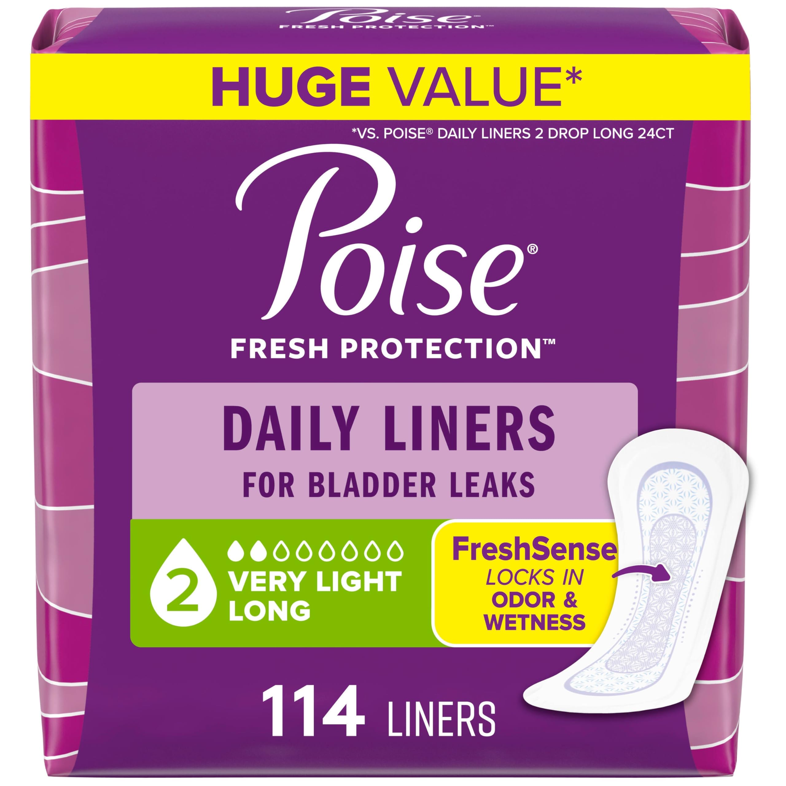 Poise empaque frontal mostrando 114 protectores y ventaja de discreción