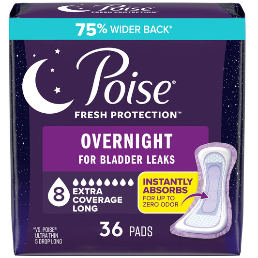 Poise empaque frontal mostrando 36 almohadillas y cobertura nocturna