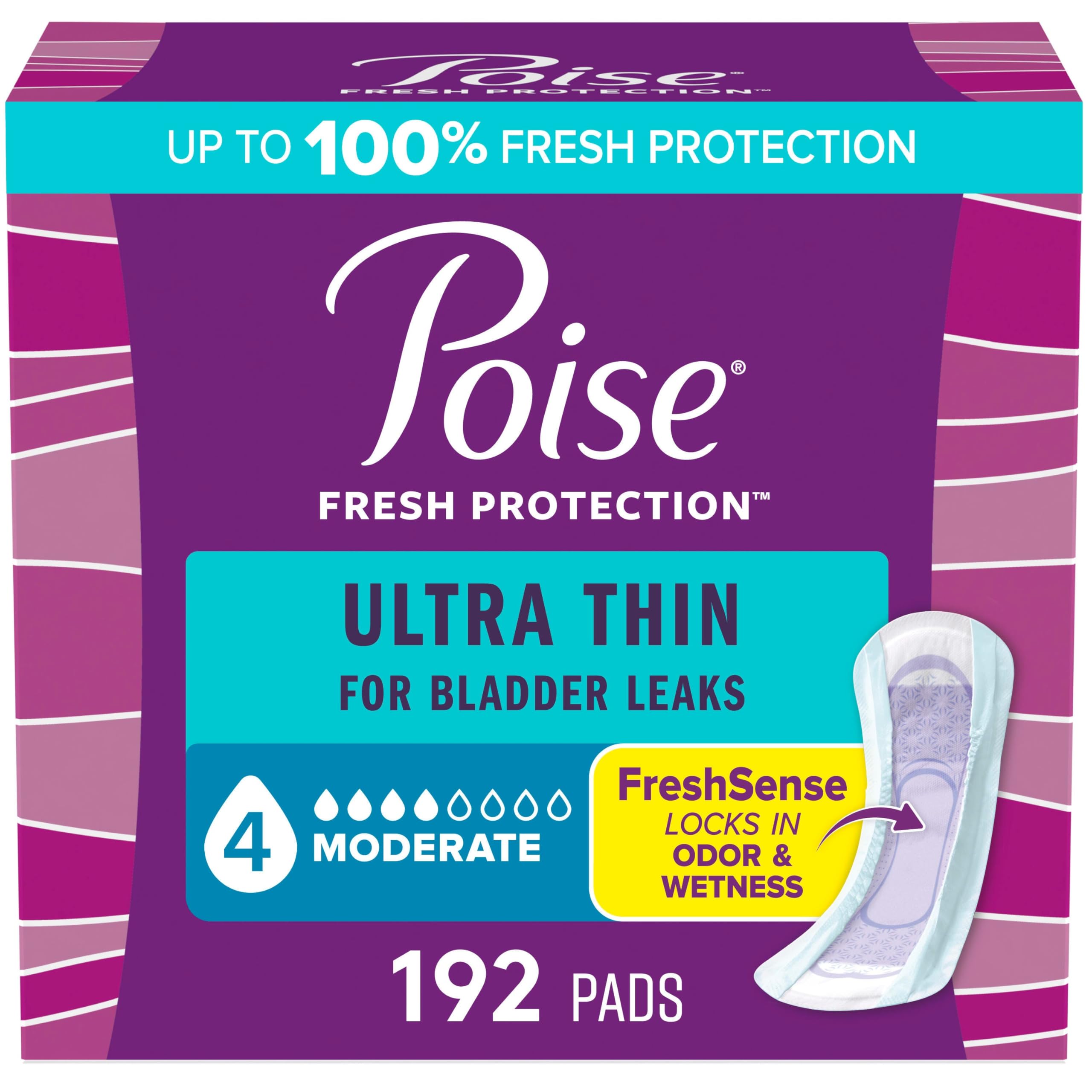 Poise empaque frontal mostrando 192 unidades y comodidad discreta