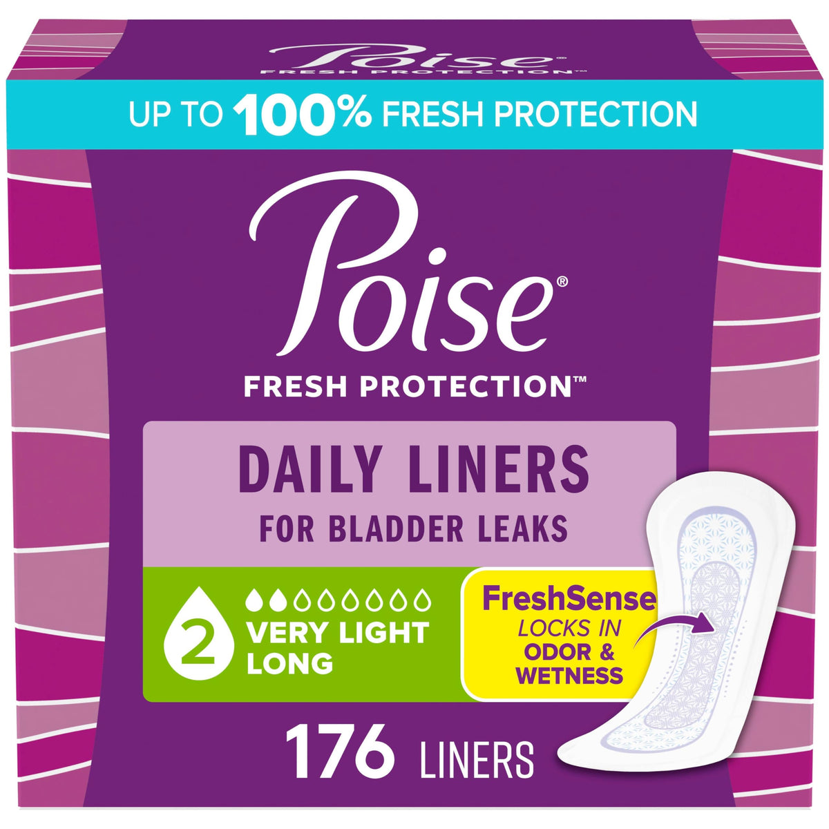 Poise empaque frontal mostrando 176 protectores y confort diario
