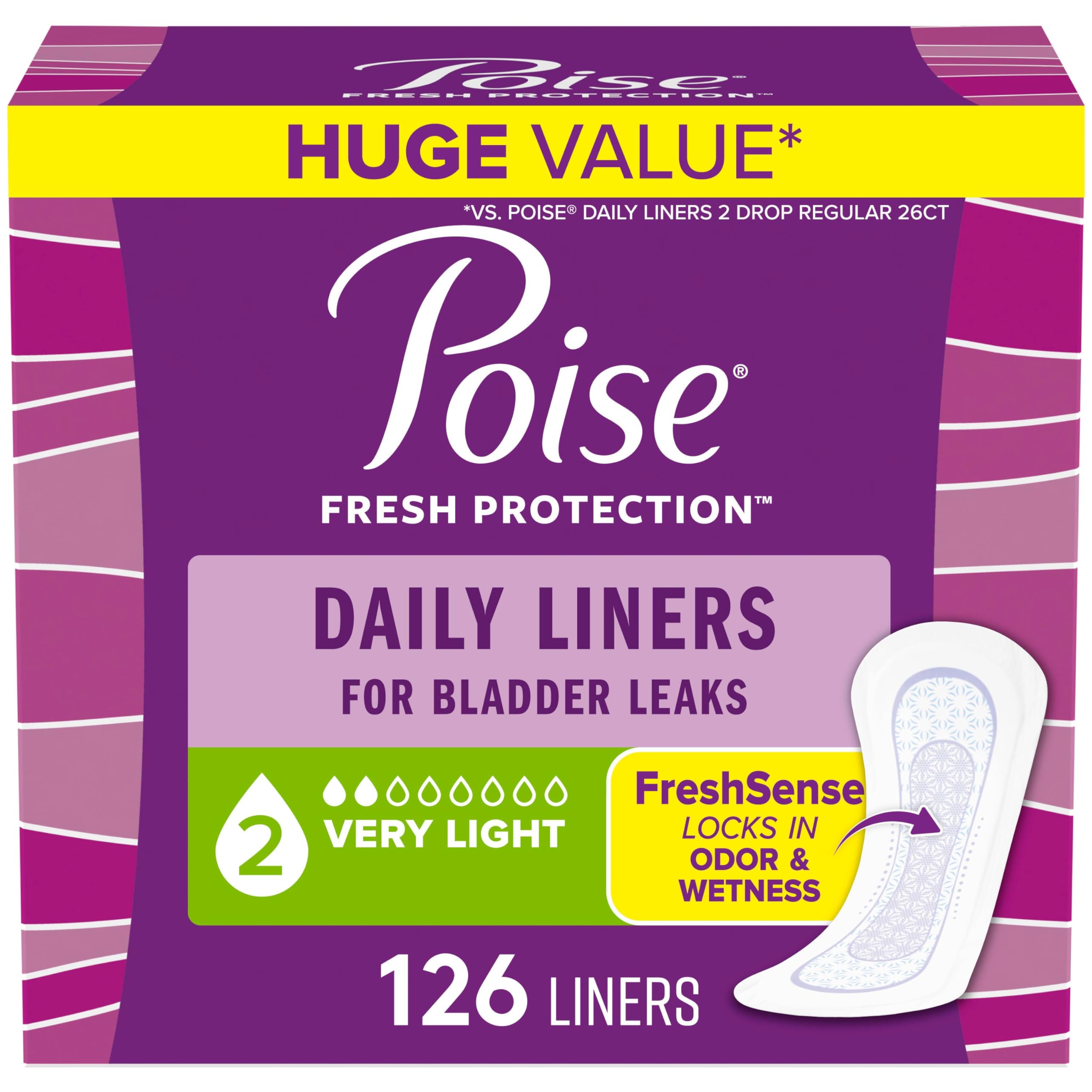 Poise frente del empaque mostrando 126 unidades y conveniencia