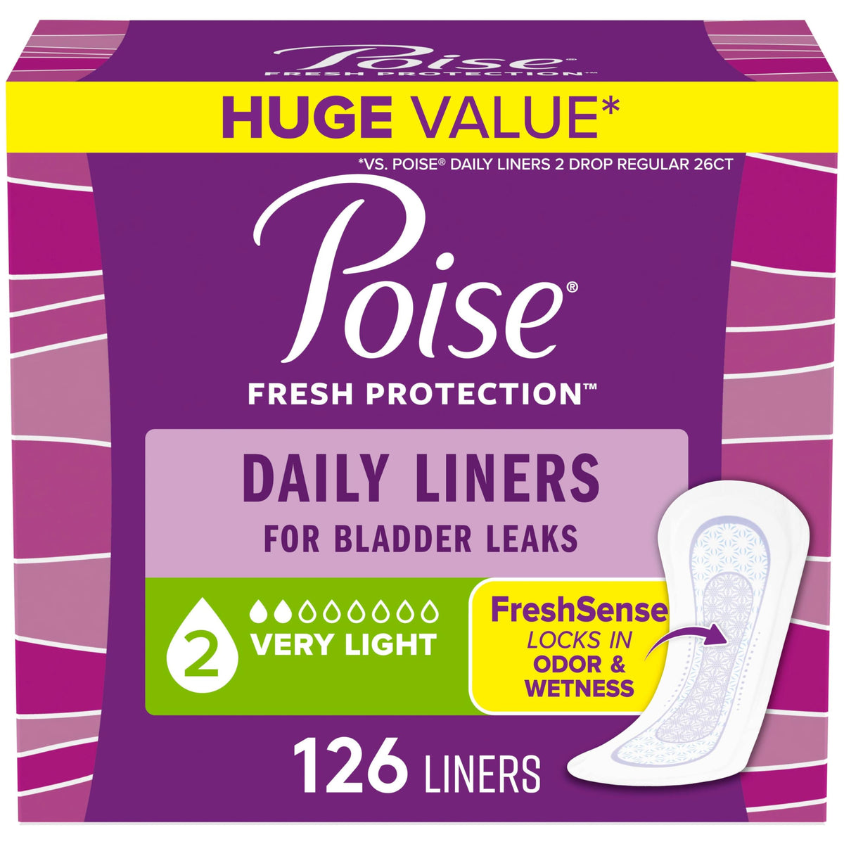 Poise frente del empaque mostrando 126 unidades y conveniencia