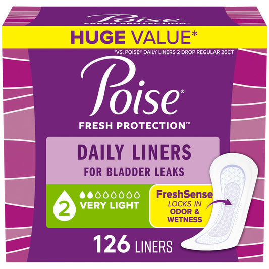 Poise frente del empaque mostrando 126 unidades y conveniencia
