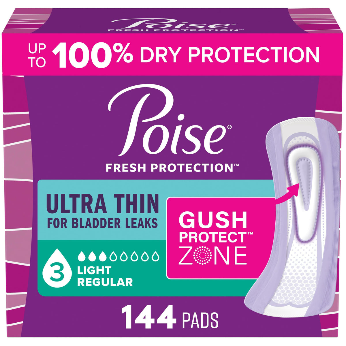 Poise frente del empaque mostrando 144 toallas y marca, almacenamiento práctico