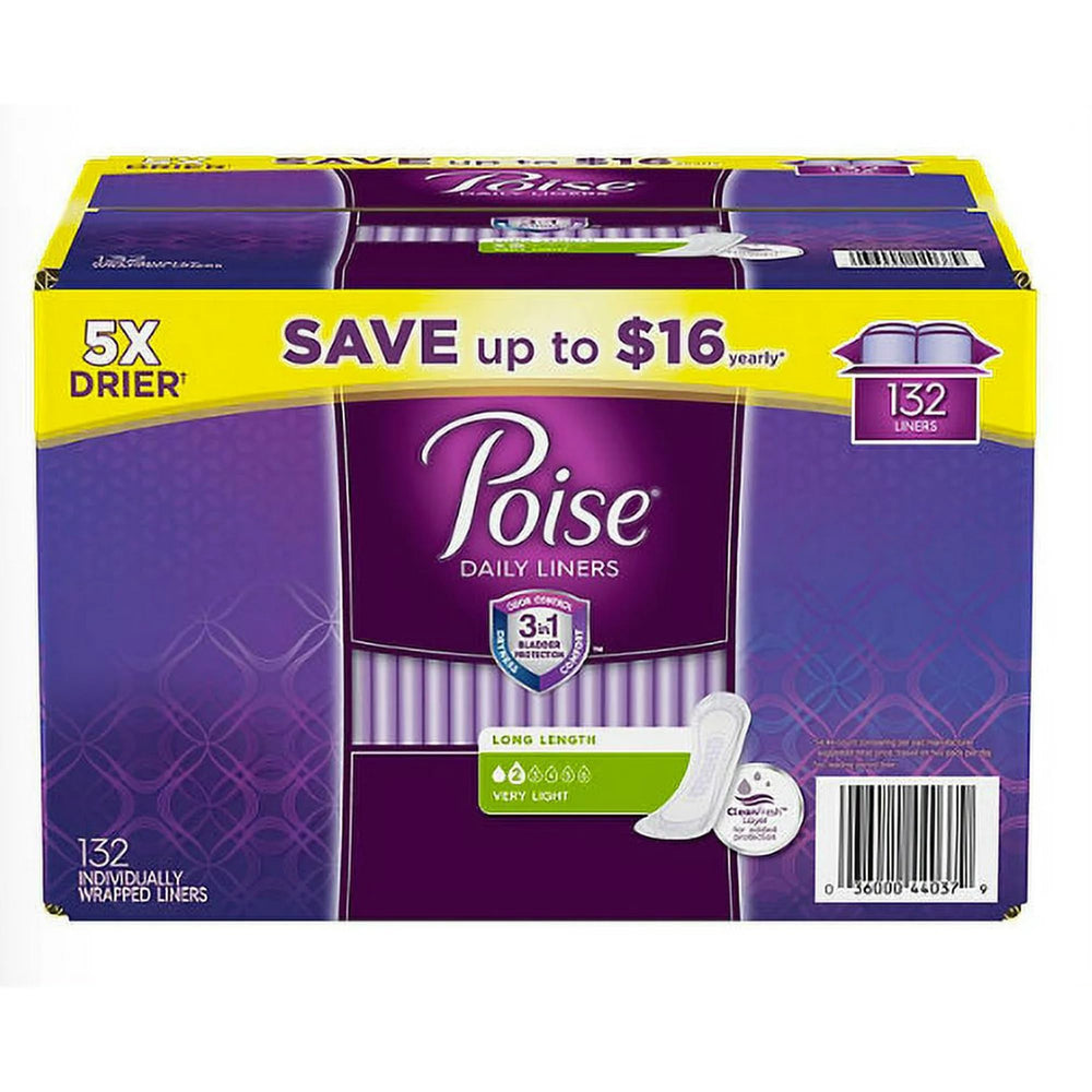 Poise frente del empaque mostrando 132 unidades y beneficios de protección