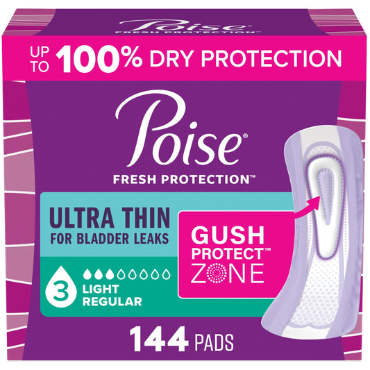 Poise frente del empaque mostrando 144 toallas y marca, almacenamiento práctico