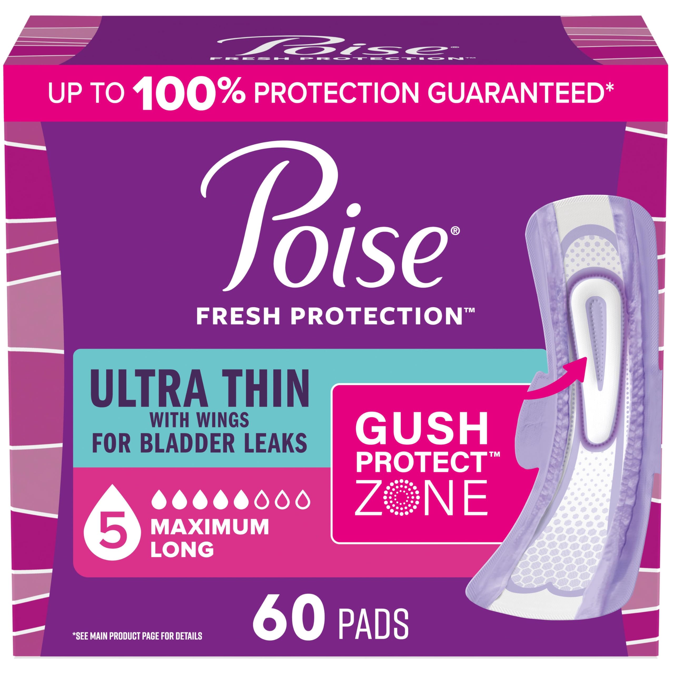 Poise frente empaque mostrando 60 unidades y beneficio protección duradera